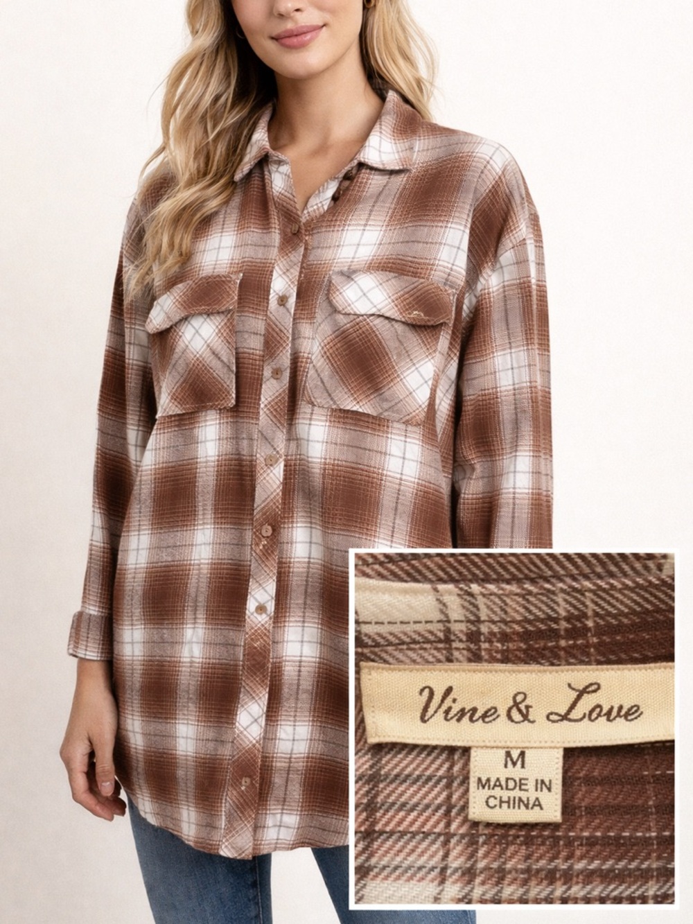 Vine & Love Brown Plaid Button Up Shirt Oversized Flannel M